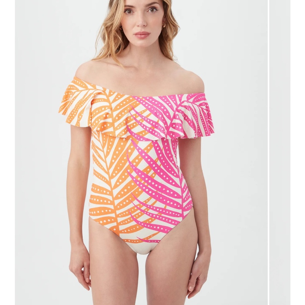 Trina Turk women’s sheer Tropics off the shoulder Ruffle one piece